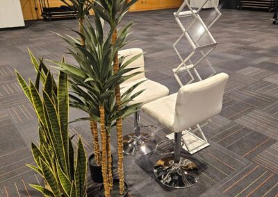 Tabourets, plantes décoratives et porte-brochures pour exposition